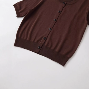Women's dark brown short sleeve knit cardigan with round neck and black buttons