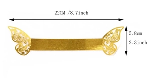 Detailed dimension guide for golden laser-cut butterfly napkin ring showing width and height