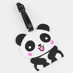 Cute panda silicone luggage tag with pink blush and black strap on white background