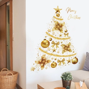 Golden Christmas tree wall decal with stars and bows on white living room wall decor