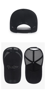 Detail view of black breathable mesh baseball cap with white sports embroidery and structure