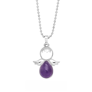Macro shot of silver angel necklace featuring a teardrop amethyst gemstone pendant