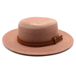 Detailed top view of purple straw boater hat with a brown double leather band