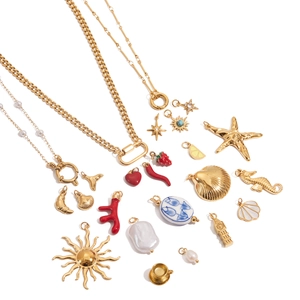 DIY gold stainless steel pearl necklace set with sea charms like starfish and shells