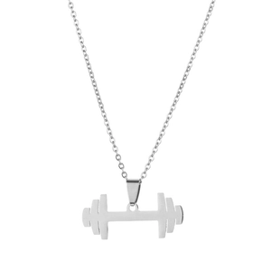 Polished silver stainless steel dumbbell pendant necklace for men on white background