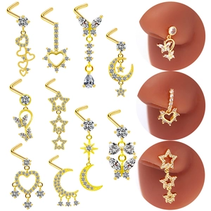Studs De Nez Pendantes Acier Inoxydable Chirurgical 316L Plaqué Or Zircone Cœur Lune Étoile Papillon Bijoux De Piercing