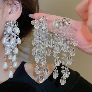 Long Tassel Drop Earrings With Silver Earring Post Alloy Faux Artificial Pearl Crystal Water Drop Luxury Wedding Jewelry For Women