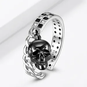 Gothic Skull Pendant Adjustable Ring 925 Sterling Silver Black White Mosaic Zircon Punk Chain Style Jewelry For Unisex