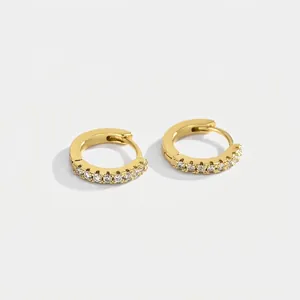 Gold Plated Copper Hoop Earrings Single Row Cubic Zirconia Huggie Ear Buckles Minimalist Jewelry For Women