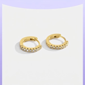 Gold Plated Copper Hoop Earrings Single Row Cubic Zirconia Huggie Ear Buckles Minimalist Jewelry For Women