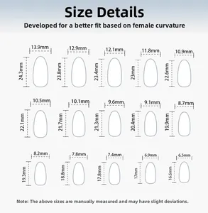 Size chart showing width and length for 15 almond-shaped pink French press-on nails