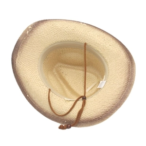 Detailed interior view of a straw cowboy hat with sweatband and adjustable chin strap