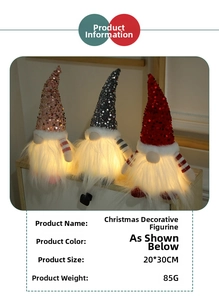 Close-up of three glowing Christmas gnomes with sequin hats in pink, grey, and red colors
