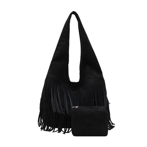 Retro black faux suede fringe tote bag with matching inner pouch on white background