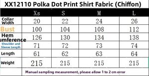 Size chart for polka dot chiffon blouse showing detailed measurements and weight info