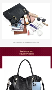 Large black crocodile textured tote bag showing spacious interior with daily essentials
