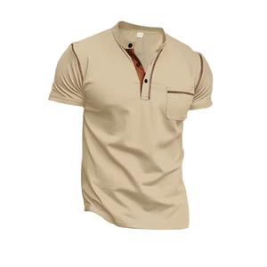 Detail of khaki Henley polo shirt featuring three buttons and a chest pocket with dark trim