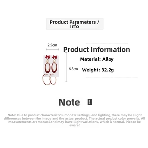 Detail view of red bow earrings with dimensions showing 6.3cm height and 2.5cm width
