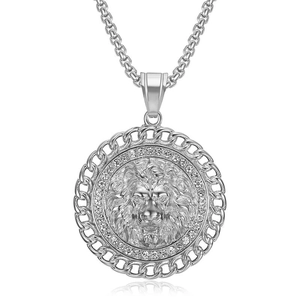Collana hip hop con ciondolo testa di leone argento e strass su catena veneziana