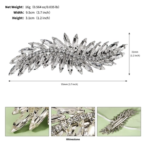 Detail showing dimensions of silver rhinestone flower hair clip and leaf design features