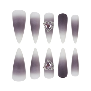 Gothic dark purple gradient stiletto press-on nails with matte finish and 3D heart rhinestones