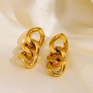 Cuban Link Chain Stud Earrings Stainless Steel 18K Gold Plated Interlocking Triple Loop Minimalist Fashion For Women