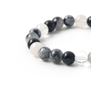 Elastic beaded bracelet with natural black rutilated quartz and mixed stone round beads
