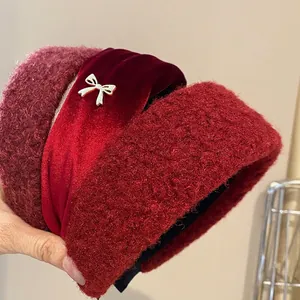 Elegant retro wine red velvet headband with golden metal bow for autumn and winter