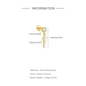 Detail showing dimensions of 925 silver earring with green zircon and 1.46cm length