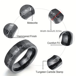 8mm hammered black tungsten carbide ring with meteorite inlay and comfort fit band
