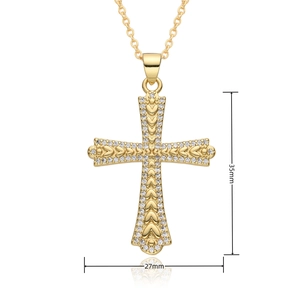 Detailed view of copper cross pendant with heart pattern and white zircon 35mm x 27mm