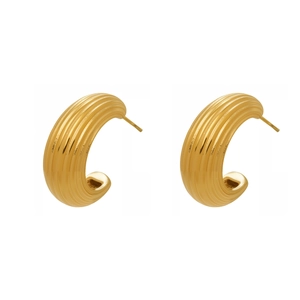 Boucles d'oreilles créoles C en acier inoxydable plaqué or 18k avec texture rayée