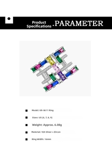 Detailed spec view of a 16mm wide 925 sterling silver ring with colorful cubic zirconia