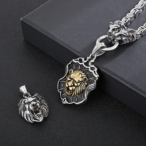 Men's titanium steel lion head shield necklace in silver and gold dual-tone finish