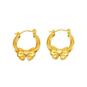 Polished 18K gold stainless steel hoop earrings featuring a 3D bow knot design