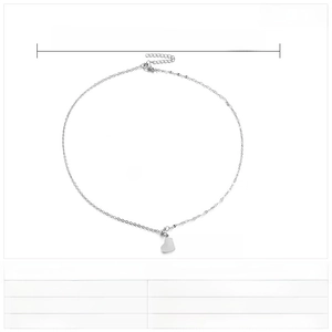 Detail view of heart pendant necklace with dimensions of chain and polished steel finish