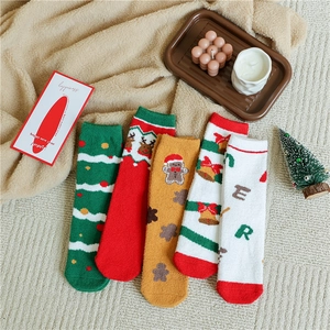 Christmas Mid Calf Socks Coral Fleece Thickened Warm Winter Cozy Fluffy For Women Reindeer Gingerbread Man Holiday