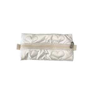 Silver PU leather pencil case with heart quilted pattern and zipper closure