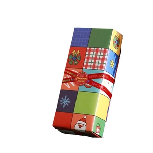 Christmas gift box with festive cartoon patterns and a red decorative ribbon on white background