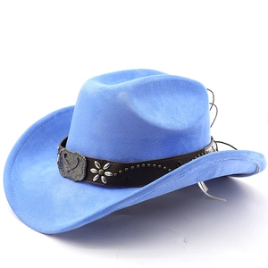 Detail of blue suede cowboy hat with brown leather band and ornate silver buckle