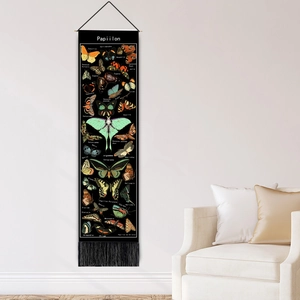Vintage Schmetterling Wandteppich in Schwarz mit Hängestange und langen Fransen