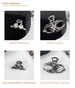 Detail of gothic spider and diamond bow hair claws in silver and gun black finishes