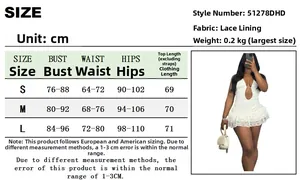 Detailed size chart for lace backless dress showing S, M, L measurements in centimeters