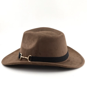 Close-up of brown suede fedora hat featuring a black band with golden metal buckle