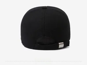 Rear view of elderly men winter baseball cap showing wool fabric and metal buckle adjustment