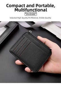Dettaglio del porta carte in pelle PU nera con trama litchi e zip in metallo argento