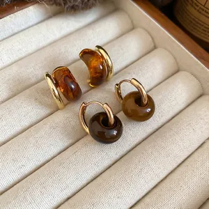 Vintage tiger eye stone beaded hoop earrings and amber resin studs set for women