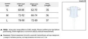 Detailed size chart for off-shoulder corset top showing bust and waist measurements in CM