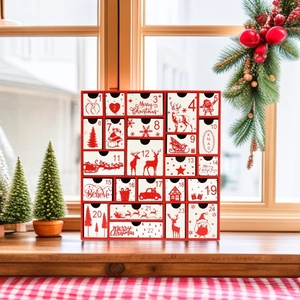 Classic wooden red and white 24-day Christmas advent calendar box with festive motifs