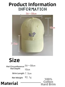 Detailed dimensions of yellow baseball cap with purple dog embroidery and cotton fabric